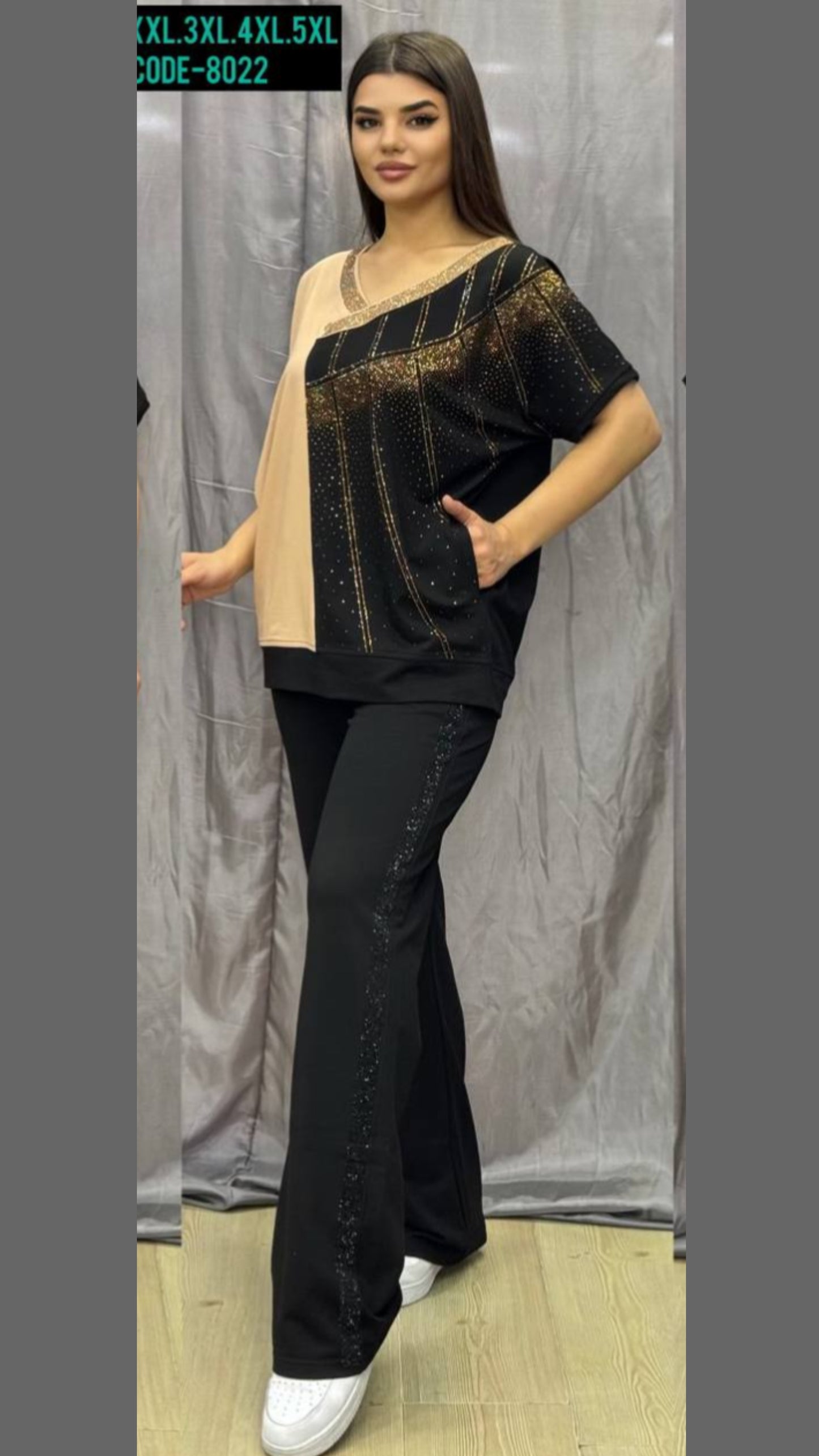 V neck black beige survêt